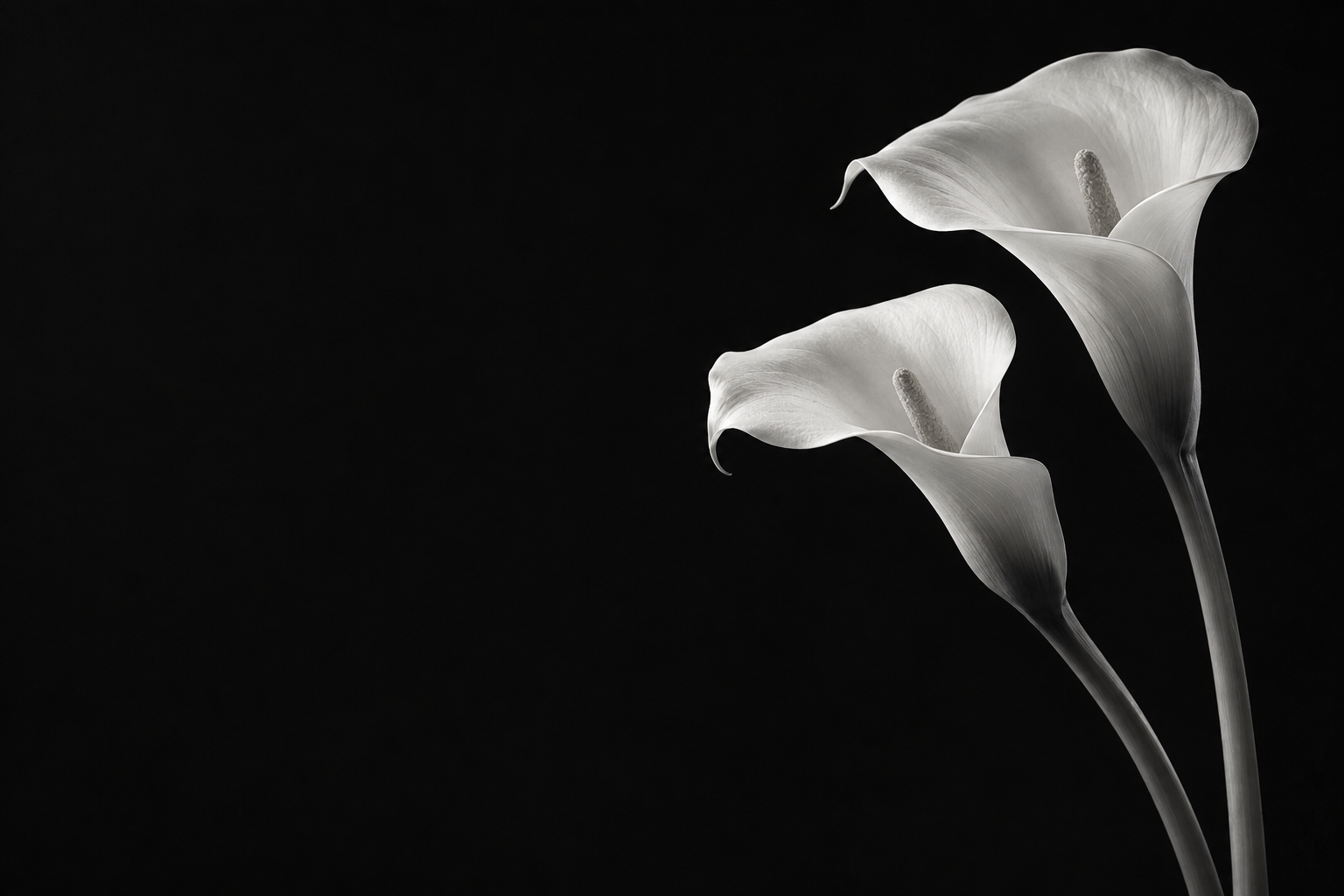 Zwei weiße Calla-Lilien vor schwarzem Hintergrund